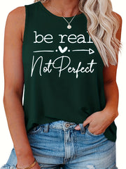 Casual Tank Top Women's Plus Slogan Print Round Neck Tank