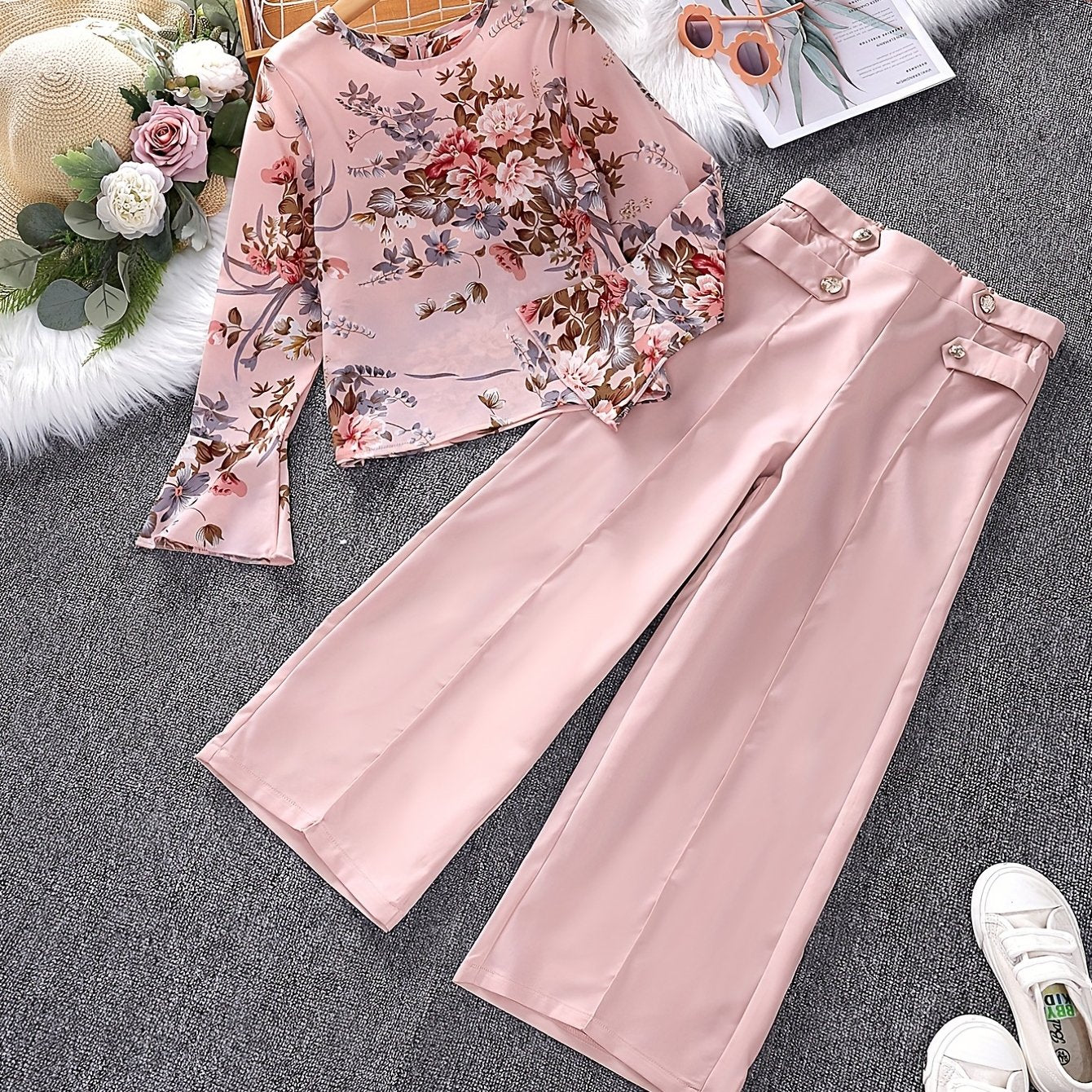 Girls 2pcs Long Sleeve Top & Pants Floral Print Kids Clothes