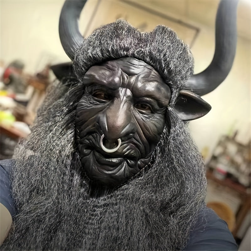 Goat Horned Long Hair Bull Demon Latex Mask Halloween Role Play