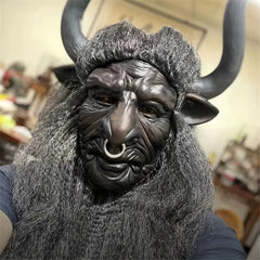 Goat Horned Long Hair Bull Demon Latex Mask Halloween Role Play