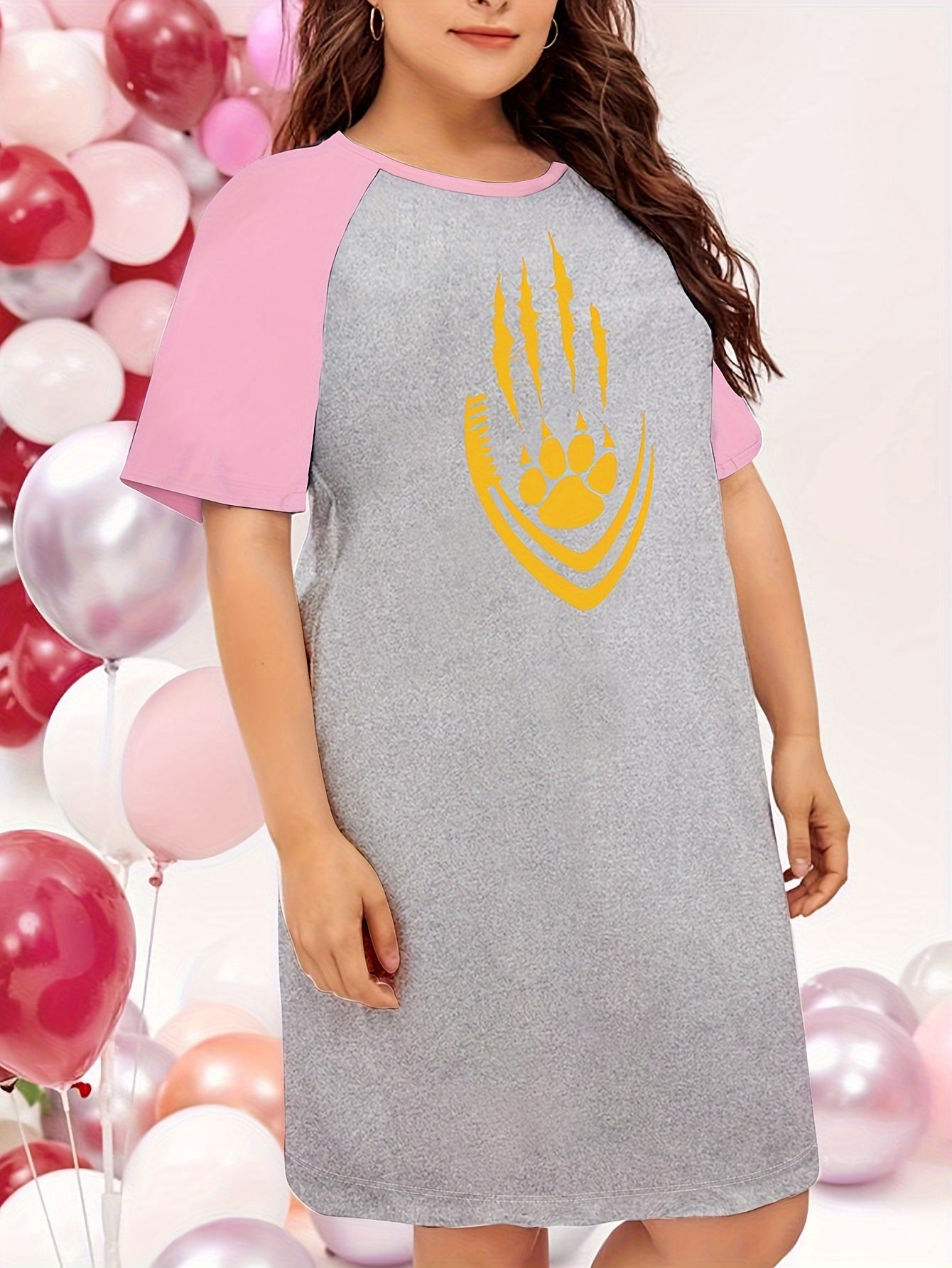 Plus Bear Paw & Football Print Raglan Sleeve Round Neck Tee Sleep Dress