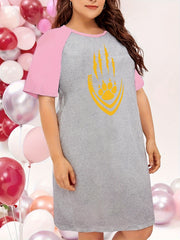 Plus Bear Paw & Football Print Raglan Sleeve Round Neck Tee Sleep Dress