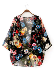 Floral Print Cover Up Shirt V Neck Long Sleeve Rash Guard Beachwear Cardigan Chi