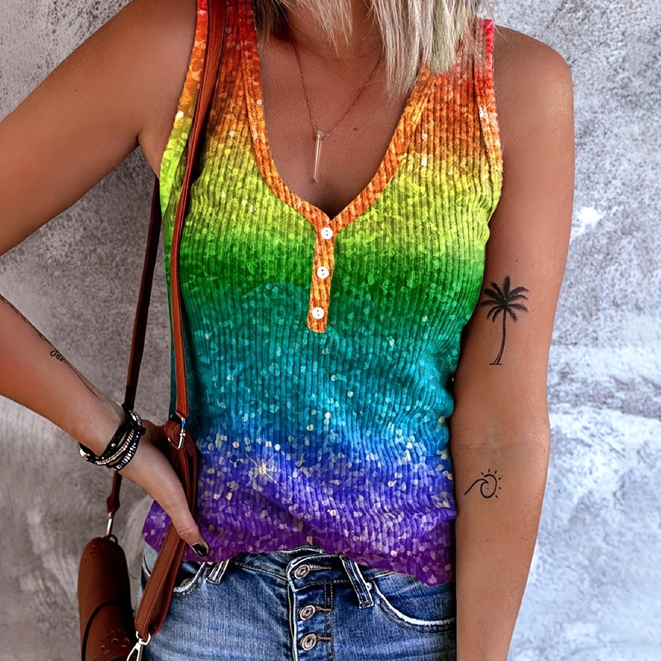 Colorful Print Button Front V Neck Tank Top Casual Sleeveless Top