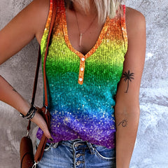 Colorful Print Button Front V Neck Tank Top Casual Sleeveless Top