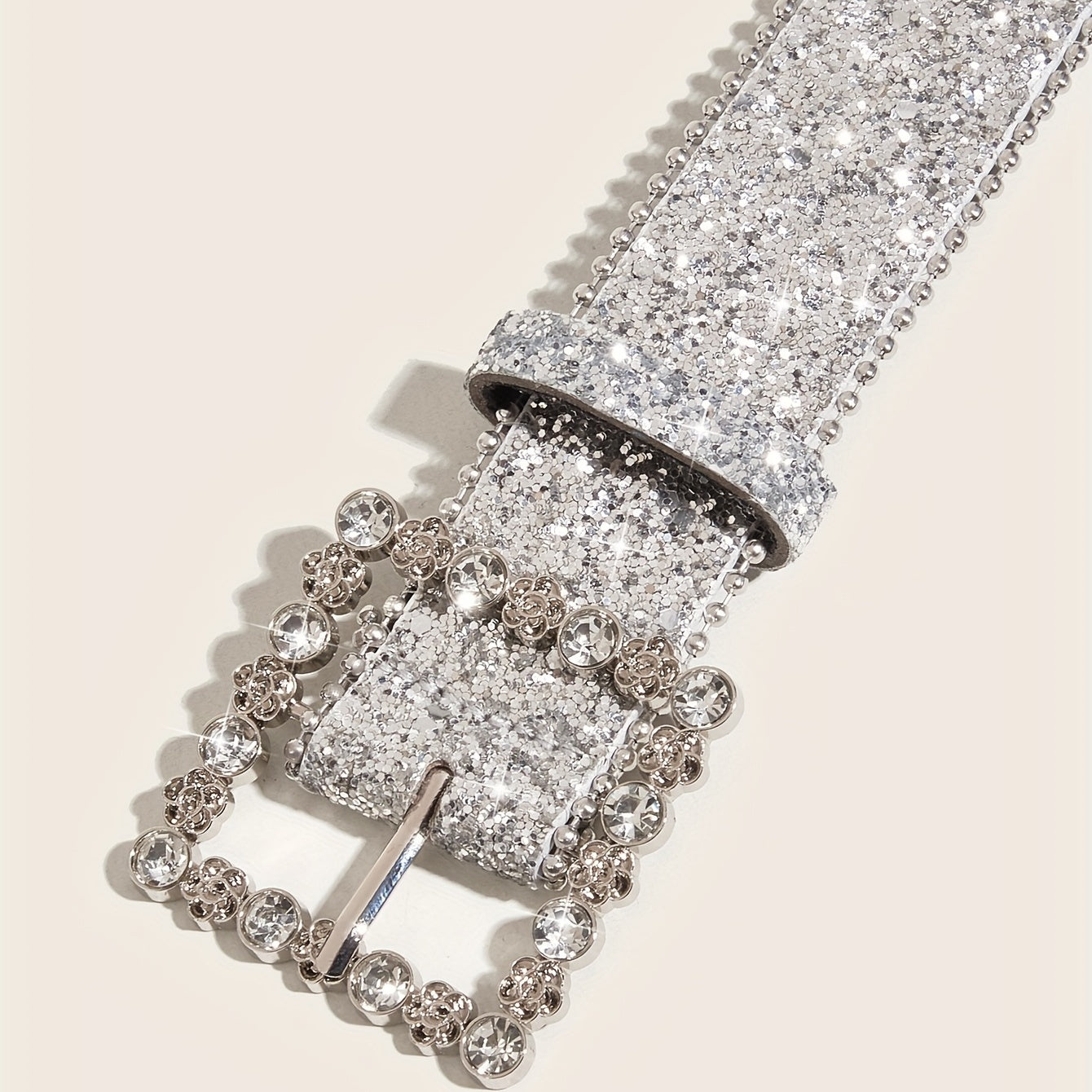 Glitter Sparkle Square Pin Buckle Belt Beaded Jeans Belt for Women