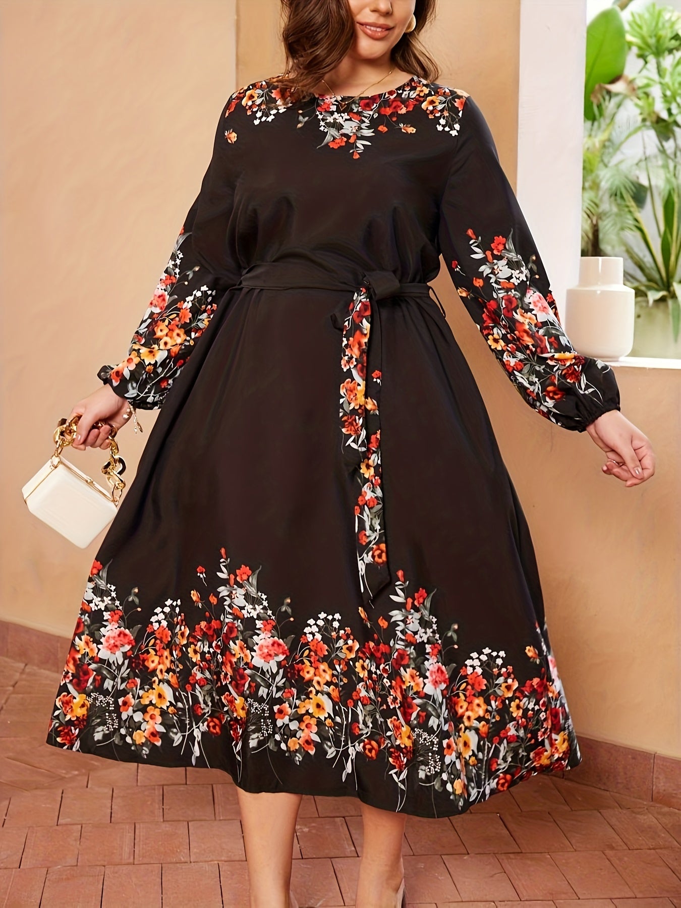 Colorblock Floral Print Long Sleeve Maxi Dress