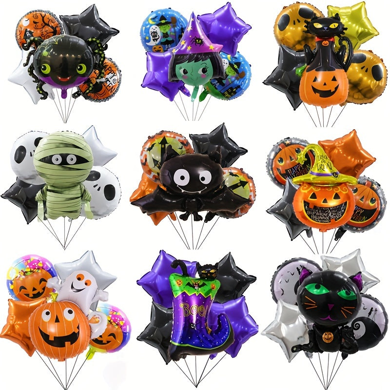 5pcs Halloween Aluminum Foil Balloons Set Bat Pumpkin Mummy Cat Suit Balloons