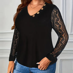 Sweater Lace Sleeve V Neck Button Pullover