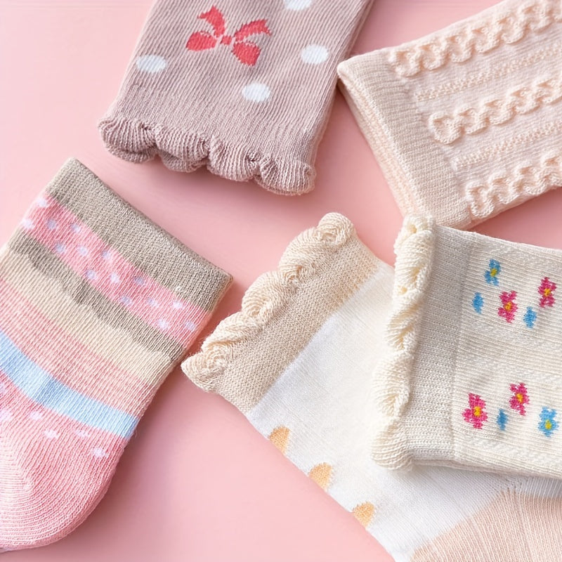 5 Pairs Casual Flower Bow Polka Dot Knit Socks
