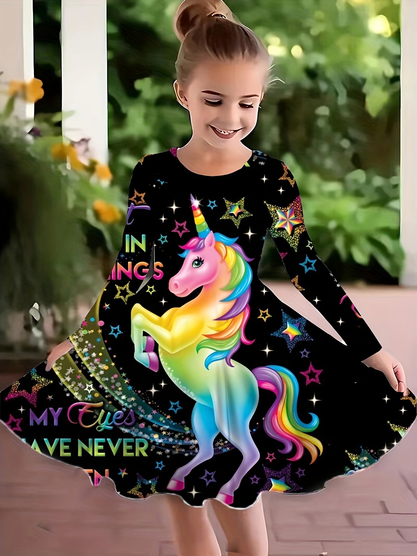 Girls 3D Unicorn & Star Crew Neck Long Sleeve Dress Spring Fall Party Gift