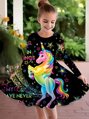 Girls 3D Unicorn & Star Crew Neck Long Sleeve Dress Spring Fall Party Gift