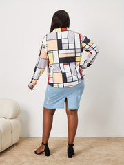 Colorblock Geometric Print Blouse Long Sleeve