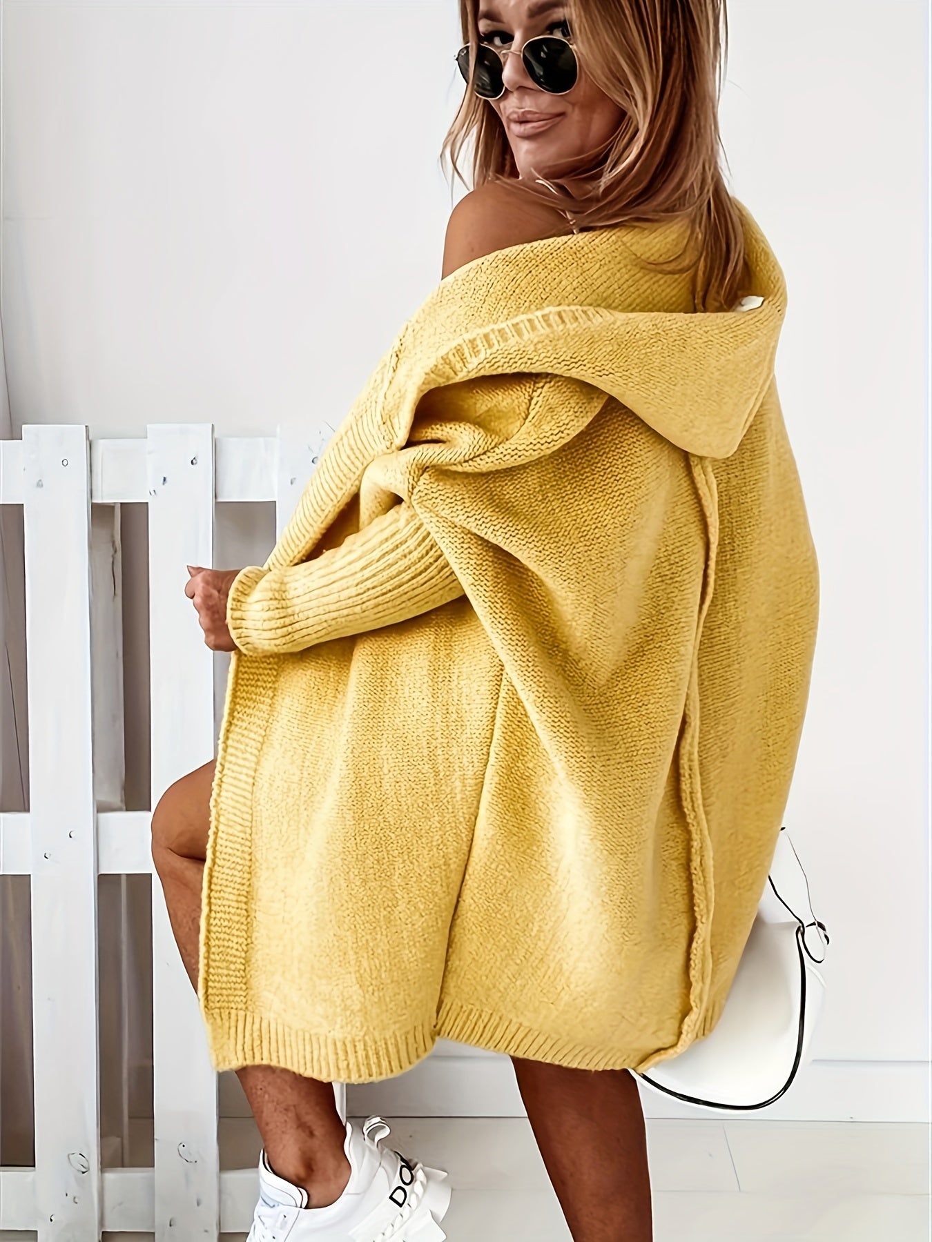 Open Front Hooded Cardigan Batwing Sleeve Mid Length Sweater