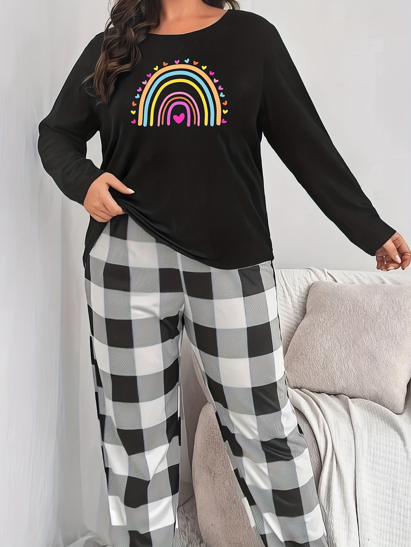 Heart Rainbow Print Pajama Set Long Sleeve Crew Neck Top & Pants