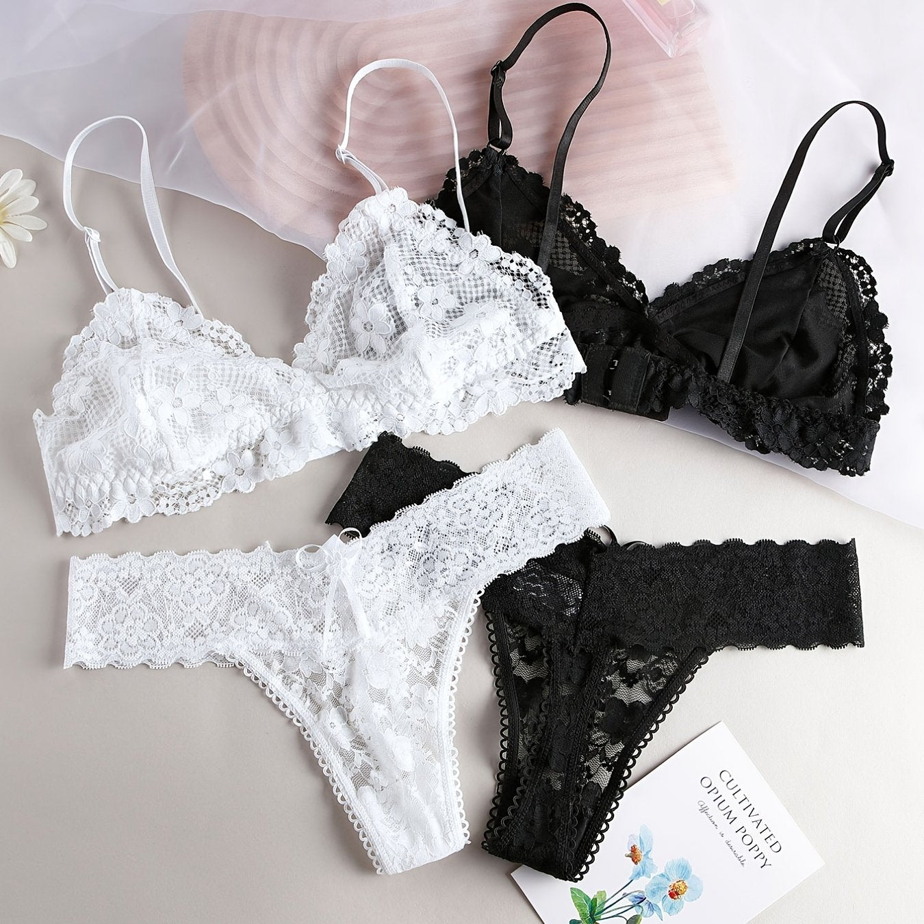 Floral Lace Lingerie Set Unlined Bras & Panties Women's Underwear