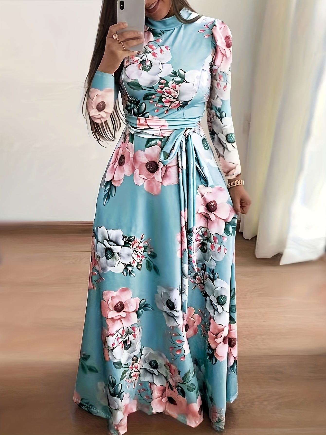 Retro Floral Print Dress Long Sleeve Casual