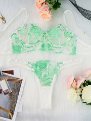 Floral Embroidered Lace Mesh Lingerie Set