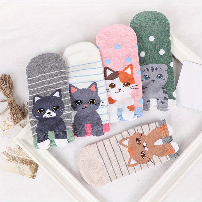 5 Pairs Girls Teen Cotton Blend Cat Ankle Socks, Spring Summer