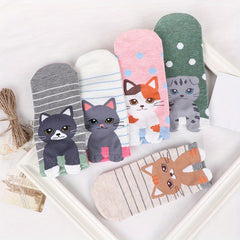 5 Pairs Girls Teen Cotton Blend Cat Ankle Socks, Spring Summer