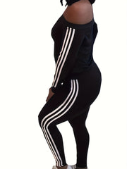 Colorblock Stripe Print Off Shoulder Top & Pants Set