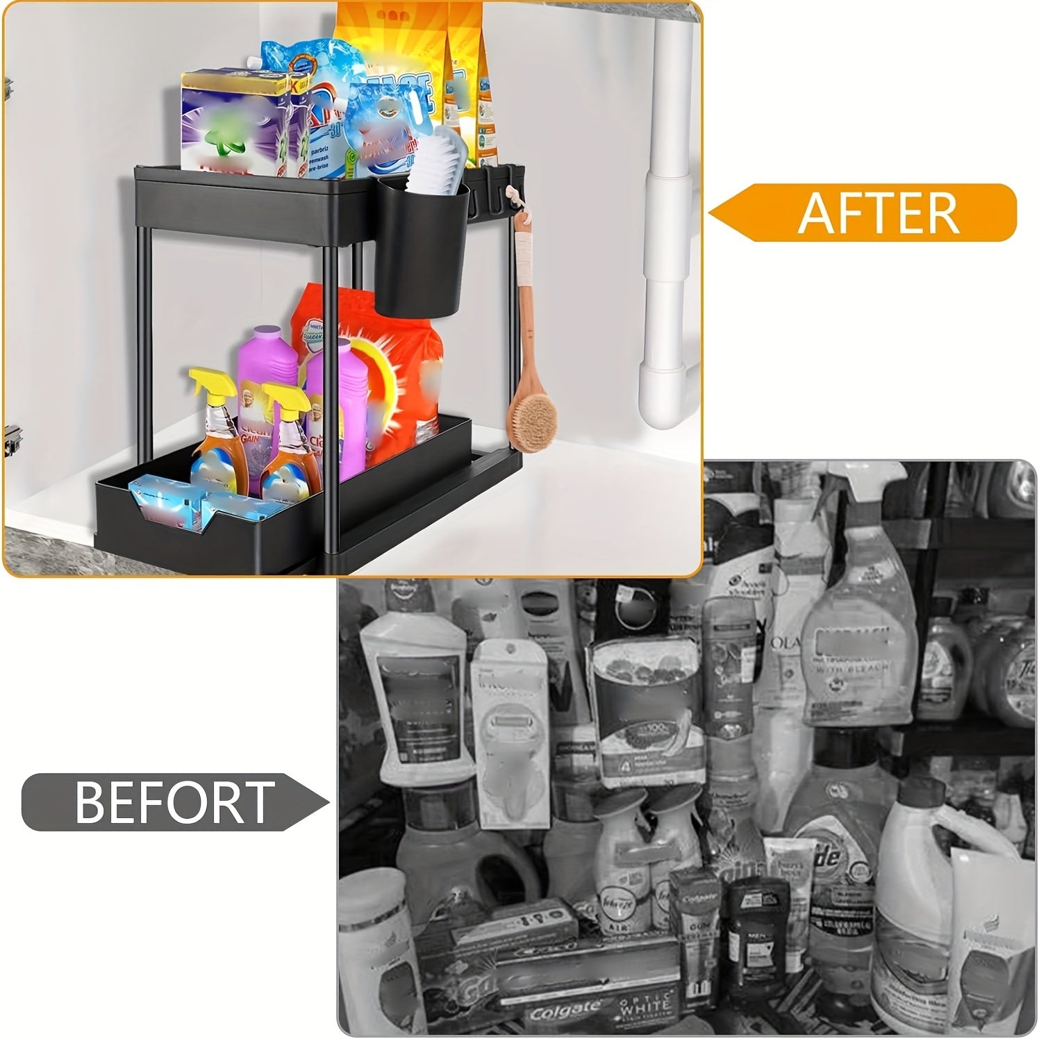 2 Tier Sliding Cabinet Basket Organizer - Under Sink Storage