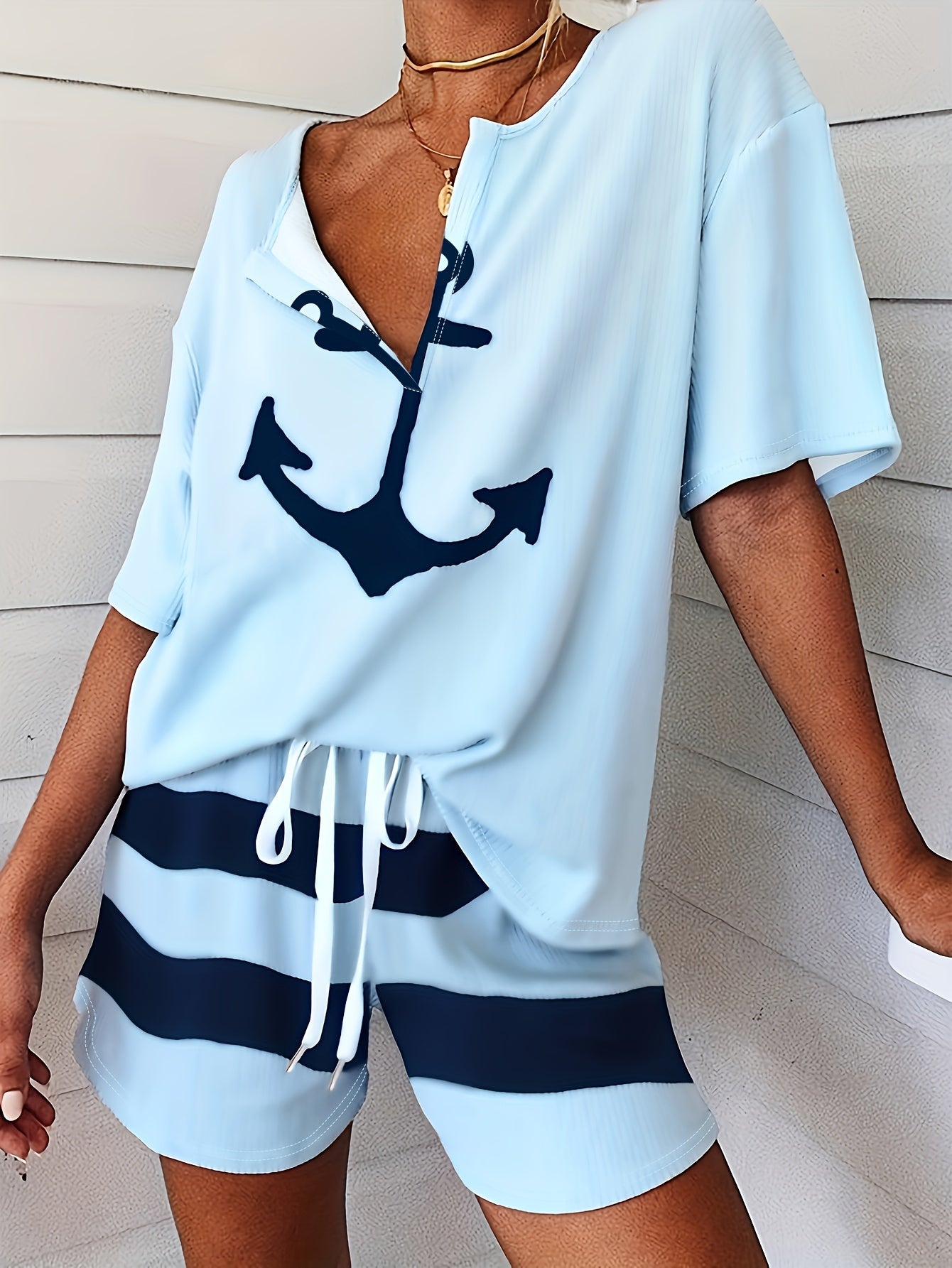 Striped Print Lounge Set V Neck Short Sleeve Top & Lace Up Shorts