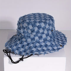 Plaid Pattern Denim Cowboy Hat Hip Hop Sunscreen Bucket Hat Unisex