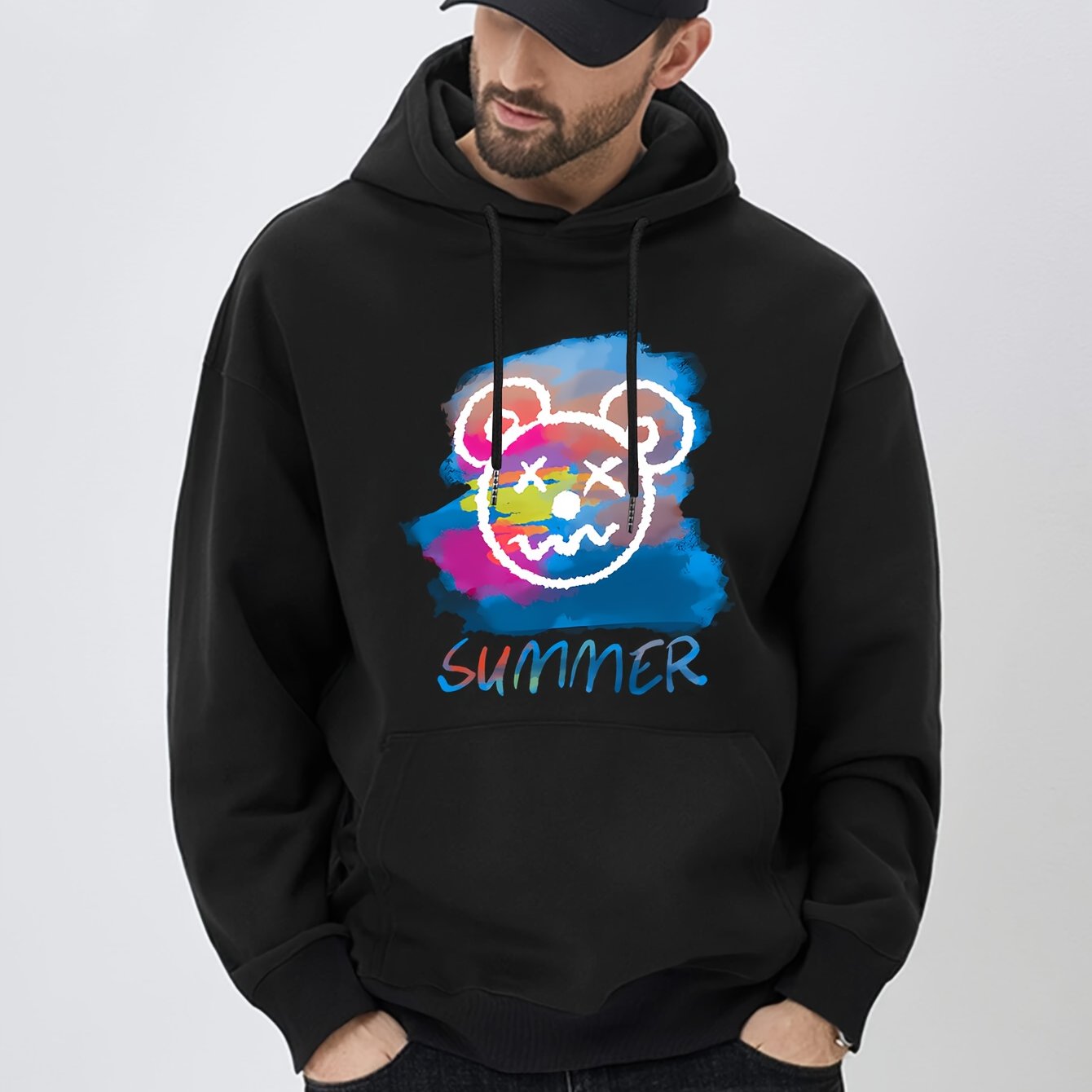 Bear Print Hoodie Men's Casual Graphic Pullover Sweatshirt