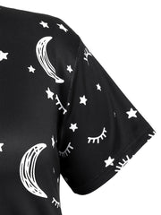 Sun & Moon Print Pajamas Set Short Sleeve Tee & Pants 2 Piece Set