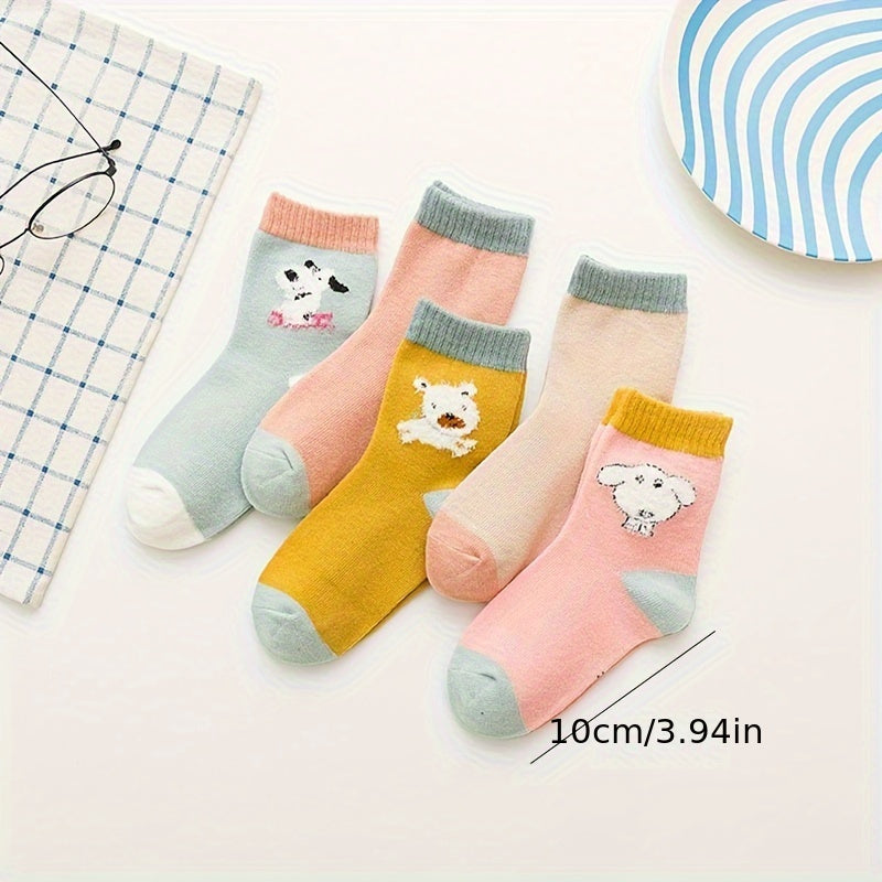 5 Pairs Girl's Cartoon Animals Knitted Socks Cotton Blend Crew Socks