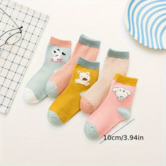 5 Pairs Girl's Cartoon Animals Knitted Socks Cotton Blend Crew Socks