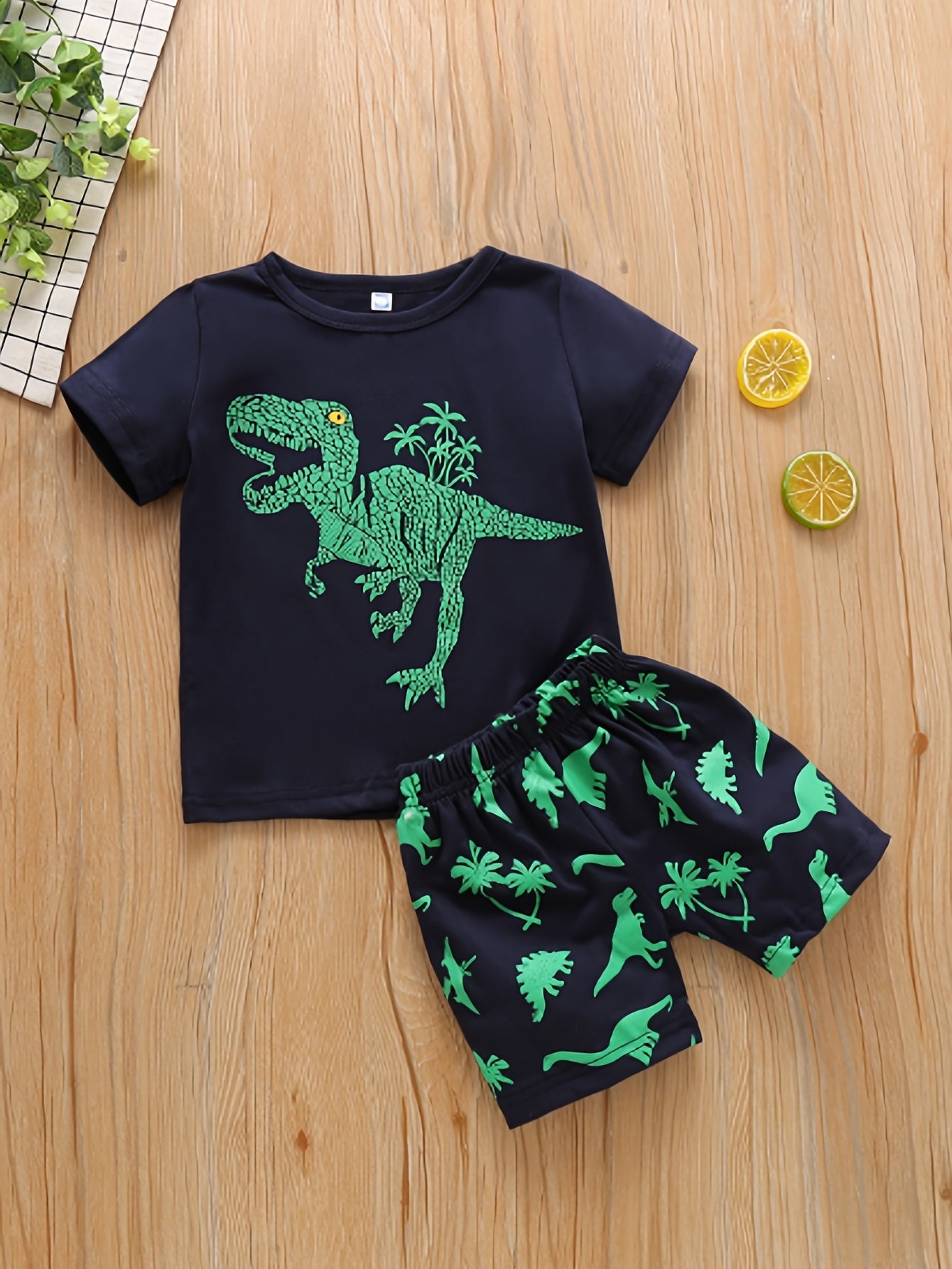 2pcs Boys Dino Print Tee & Shorts Set, Summer Kids Clothes