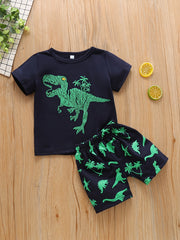 2pcs Boys Dino Print Tee & Shorts Set, Summer Kids Clothes