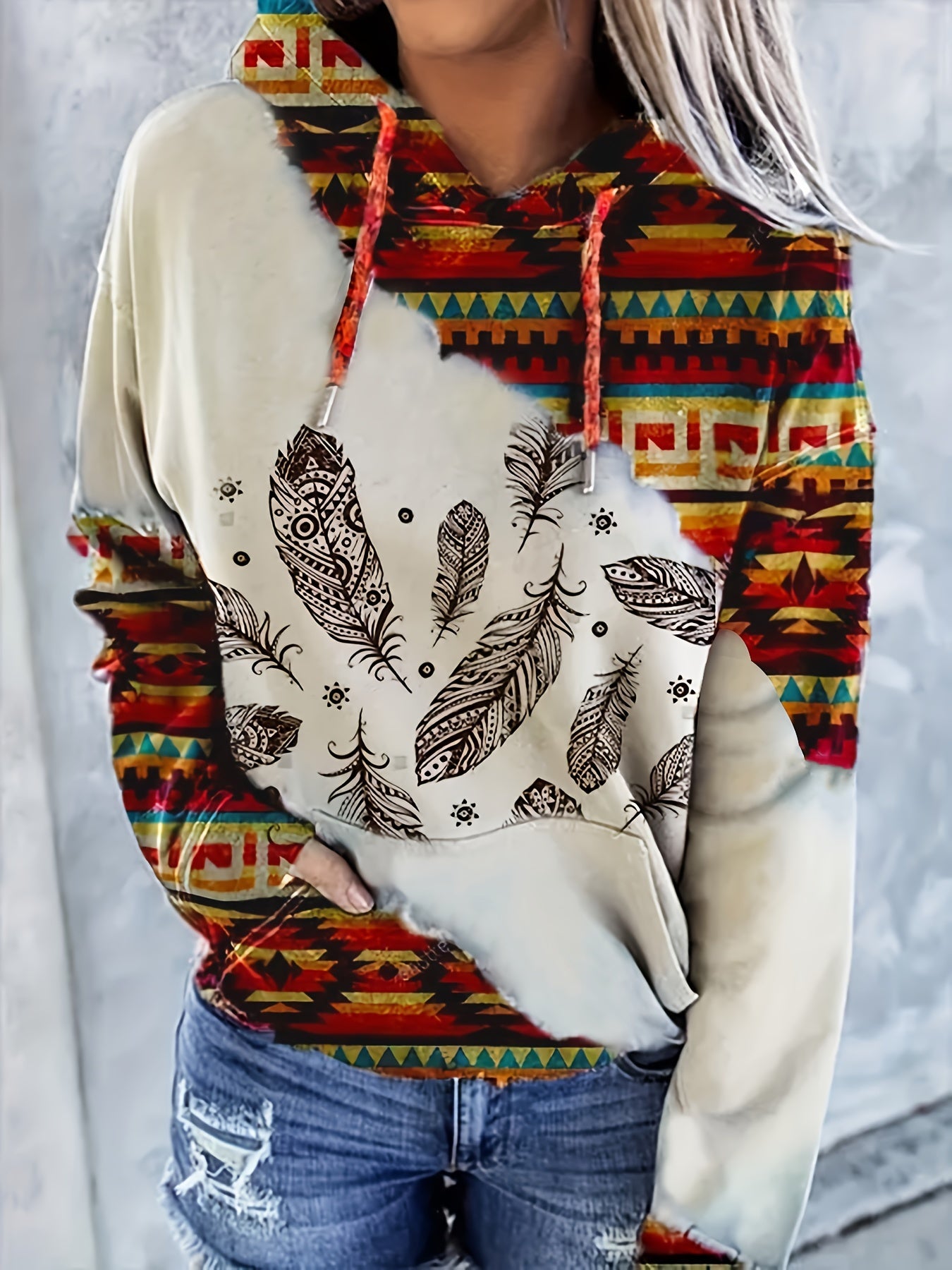 Ethnic Print Kangaroo Pocket Hoodie Long Sleeve Hoodie