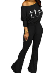 Faith & Love Print Jumpsuit Flare Leg Drawstring Waist Casual Jumpsuit