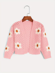 Girls Flower Jacquard Sweater Cardigan Long Sleeve Sweater Coat