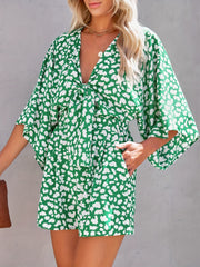 Flared Sleeve Romper V Neck Casual All-over Print Knotted