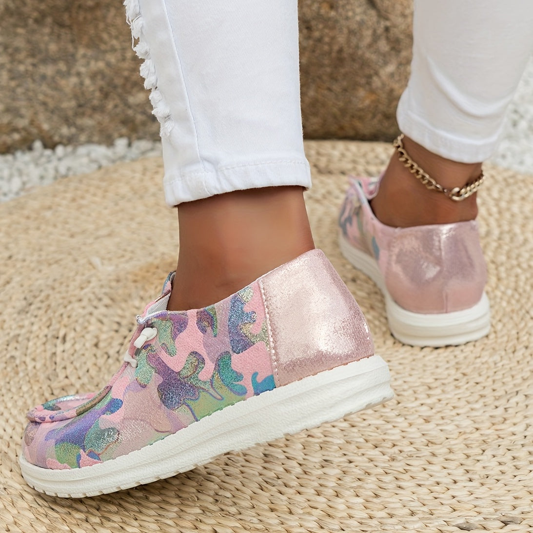 Women's Tie dye Sequins Loafers Slip On Low Flatform Shoes