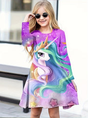 Shining Unicorn Graphic Long Sleeve Dress for Girls