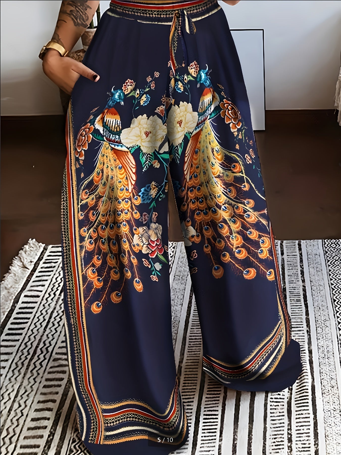 Peacock Print Wide Leg Pants Retro Drawstring Palazzo Pants