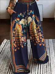 Peacock Print Wide Leg Pants Retro Drawstring Palazzo Pants