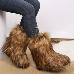 Women's Fleece Lined Snow Boots Slip on Platform Mid Calf Boots