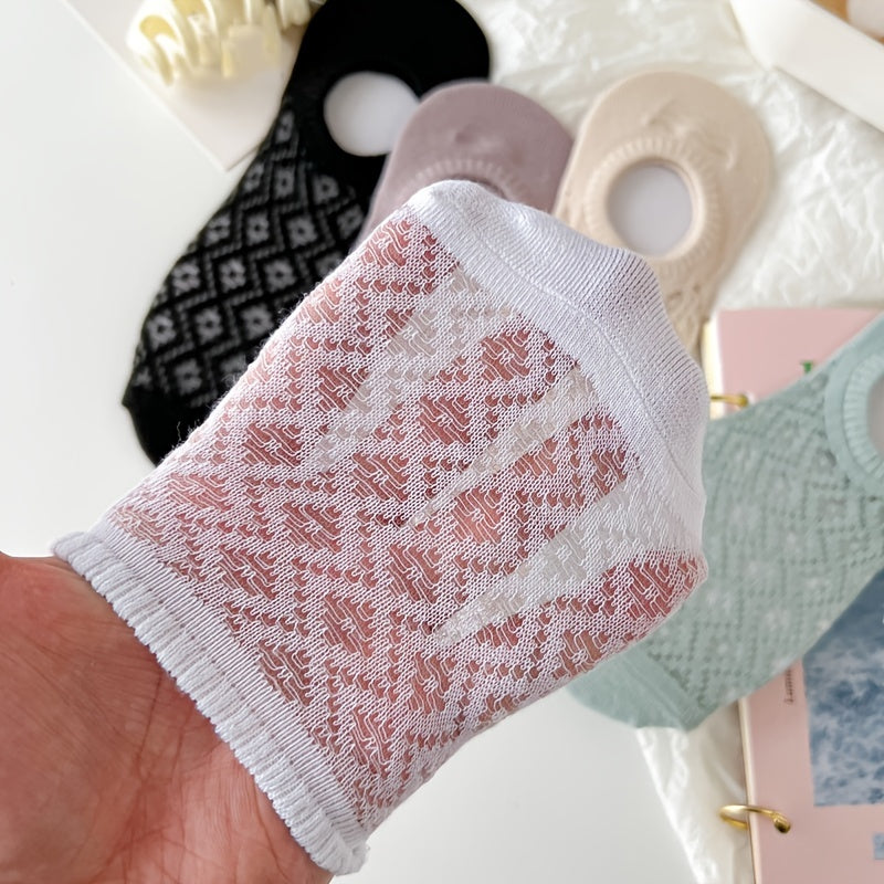 5 Pairs Argyle Mesh Boat Socks Non Slip Ankle Socks Women's Stockings
