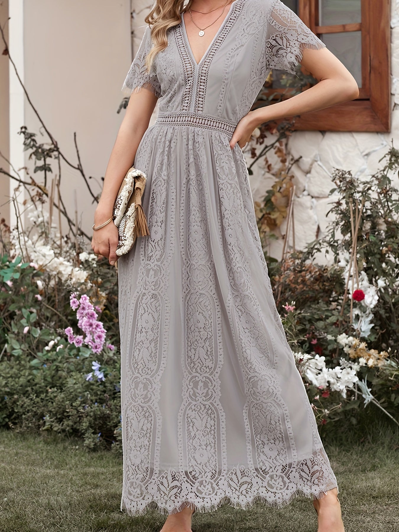 Lace Solid Short Sleeve Ankle Dress for Party Women's Clothing