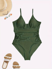 Solid V Neck Ruched Tummy Control One Piece Bathing Suit