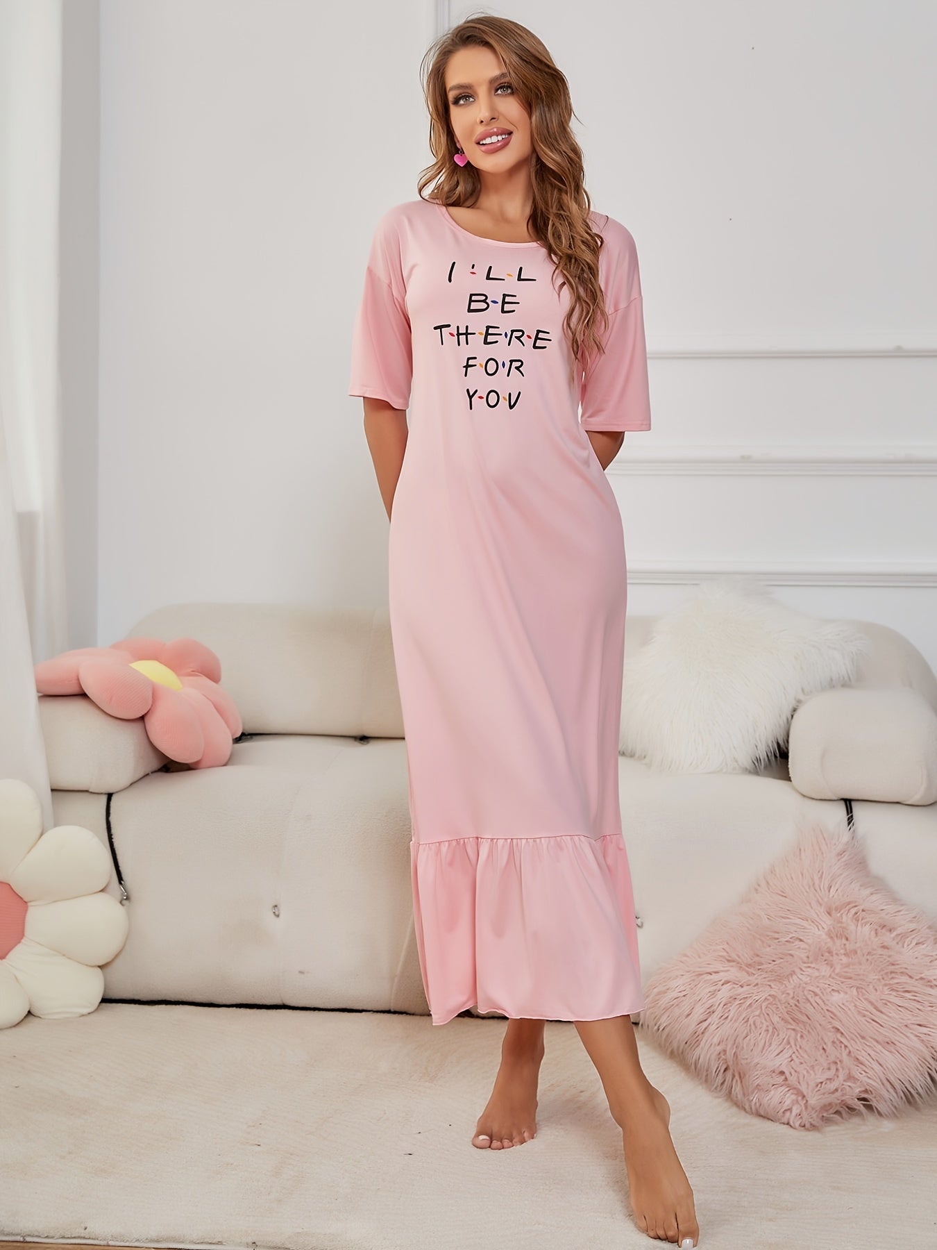Ruffle NightDress Short Sleeve Pajama Dress Women's Sleepwear