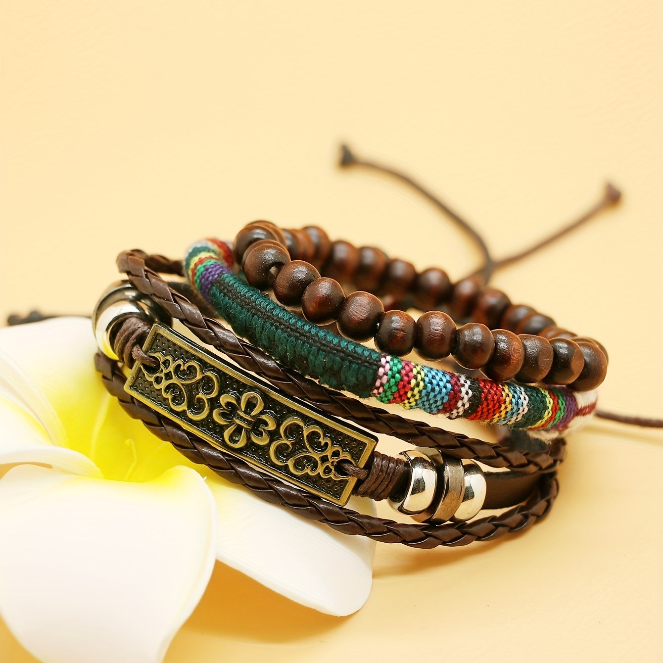 3 Pcs Pack Vintage Woven Bracelet Metal & Wooden Beads Charm Punk