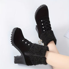 Women's Rhinestone Decor Velvet Boots Chunky Heel Winter Shoes