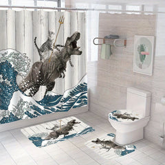 Cat Dinosaur Shower Curtain Set + Bath Mat + 12 Hooks - 71x71